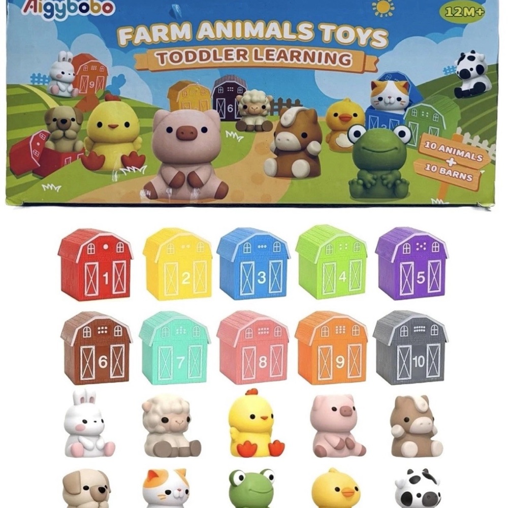 Aigybobo Counting Learning Toy for Toddlers 10 Farm Animal Toys & 10 Barns New